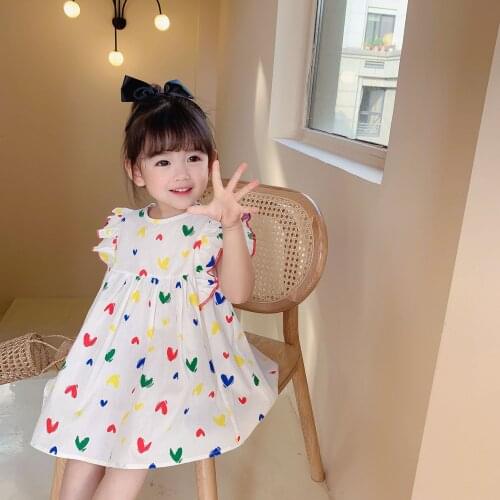2021 Summer Princess Dress Fly Sleeve Heart Printed Dress Baby Girls Casual Dresses 80-130CM DT431