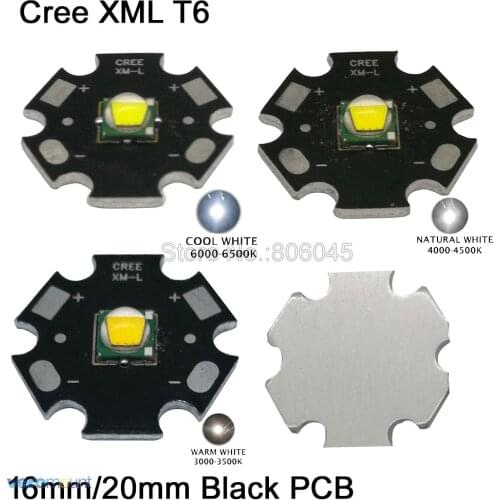 5pcs CREE XML XM-L T6 Cool White 6500K Neutral White 4500K Warm White 3000K High Power LED Emitter 16mm 20mm Black Aluminum PCB