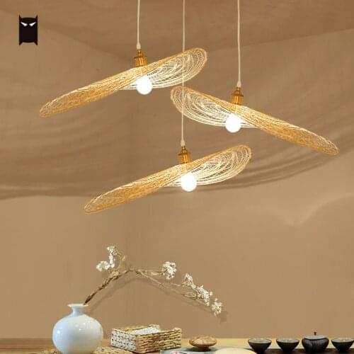 Bamboo Wicker Rattan Cap Pendant Light Fixture Art Deco Medidation Asian Nordic Hanging Ceiling Lamp Design Restaurant Yoga Room