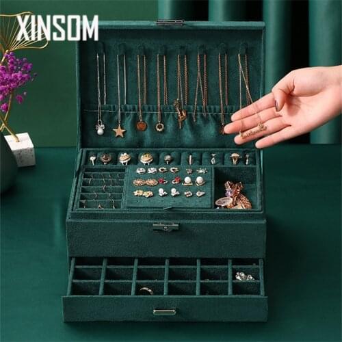 XINSOM Vintage Big Jewelry Box High Capacity Three Layers Necklace Earrings Rings Bracelets Jewelry Storage Box Velvet Casket
