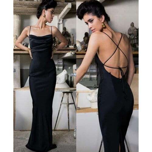 Elegant Mermaid Long Spandex Prom Dresses Criss Cross Back Robe De Soiree Floor Length Black Formal Party Gown for Women