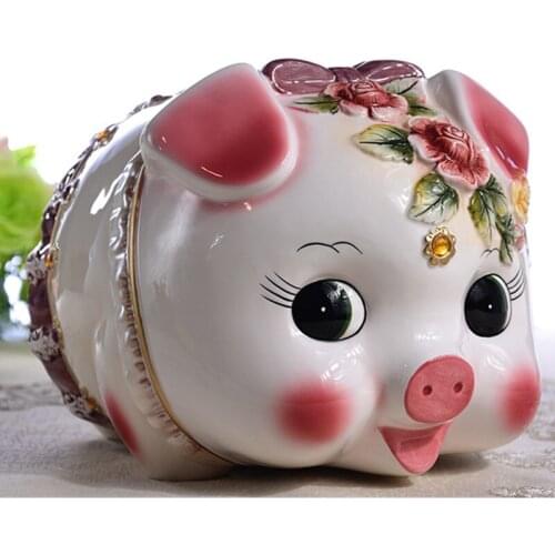 EUROPEAN CERAMIC CUTE PINK PIG PIGGY BANK HOME DECOR CRAFTS ROOM DECORATION PORCELAIN ANIMAL FIGURINES GIFT FOR GIRLS R3915