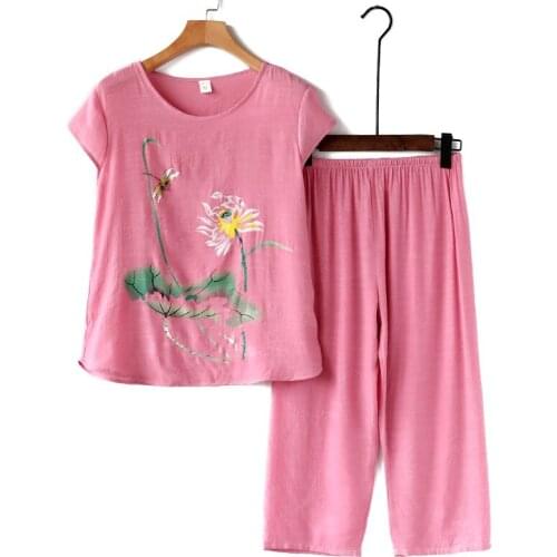 Lotus Printing Brief Loose Pyjama Style Suit Ladies Cotton Pure Home Clothes Outfits Comfortable Summer 2021 Womens Clothing