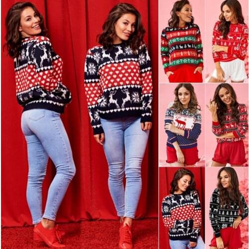 Autumn Casual Womens Christmas T-Shirts Printed Round Neck Long Sleeve Loose T-shirt Top Pullover Ladies Xmas T-Shirt Tops