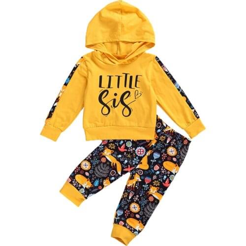 6M-4T Baby Girls Long-sleeved Trousers Suit Unique Letter Hooded T-shirt and Cute Fox Elastic Long Pants