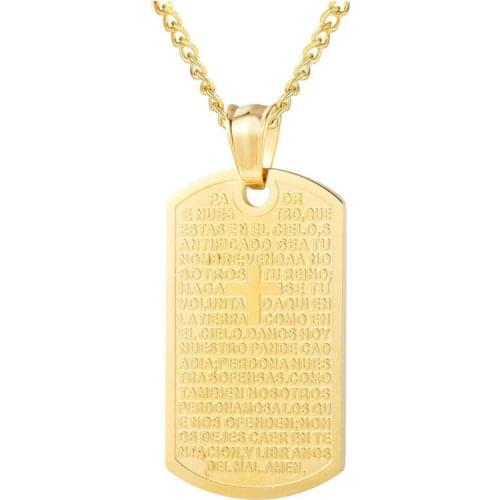 Retro Religion Jewelry Biblical Text Cross Gold Color Titanium Steel Square Dog Tag Pendant Necklaces Gift for Men