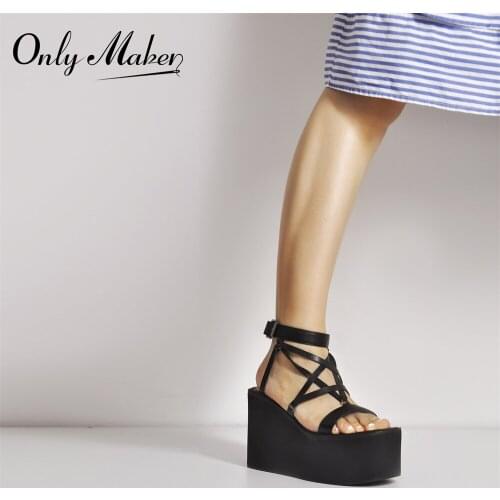 Onlymaker Summer Platform Round Toe Sandals For Women Matte Black Cross Strap Ankle Buckle Wedges High Heels Shoes Fashion