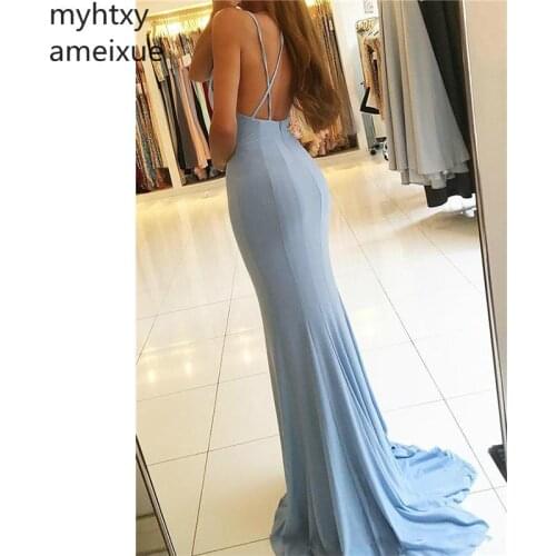 Sexy Spaghetti Straps Baby Blue Side Split Evening Dresses 2019 Trumpet Backless Long Prom Gowns Party Plus Size Evening Dress