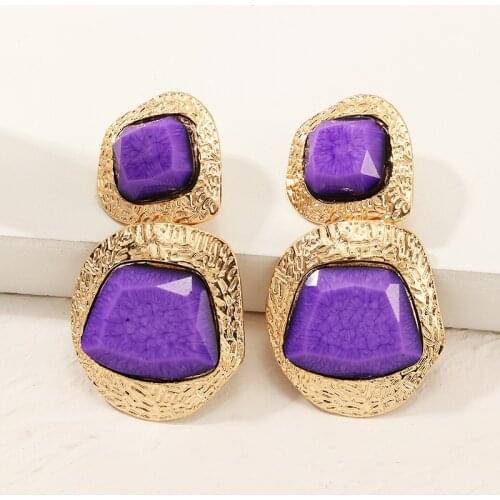 SRCOI Gold Color Metal Purple Color Imitation Stone Drop Earring 2019 Fashion Alloy Irregular Drop Earring Women Party Jewelry