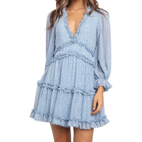 Women Sweet Style Polka Dot Floral Print Deep V-neck Ruffle Backless Long Sleeve Mini Dress Sundress for Date Streetwear