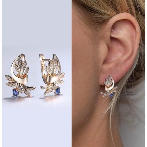 Fashion Jewelry 585 Rose Gold Flower Leaf CZ Blue Stone Dangle Earring for Women Girls Stylish Elegant Lady New Gifts DGE336