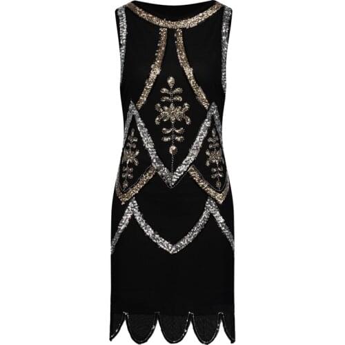 Women Little Black Dress 1920s Flapper Gatsby Charleston Sequin Bead Vintage O-Neck Sleeveless Embroidery Mini Party Dress