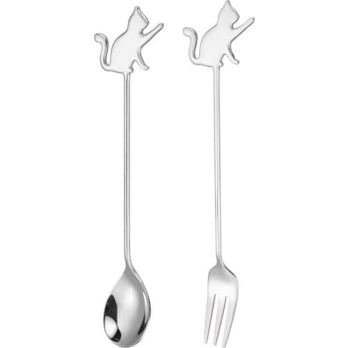2 Pcs 304 stainless steel cat fish spoon Fork cake fruit forks cartoon cat coffee spoon honey stirring scoop Tableware Sets