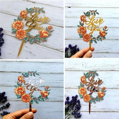 Love You Acrylic Wedding Cake Topper Rose Gold Letter Flower Anniversary Cake Flags for Valentines Day Cake Decoration Supplies