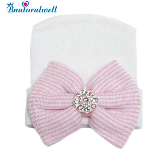 Bnaturalwell Newborn Hospital Hat Cute Rhinestones Big Bowknot Cap Baby Infant Soft Knit Caps Girl Beanie Hats Accessories H779