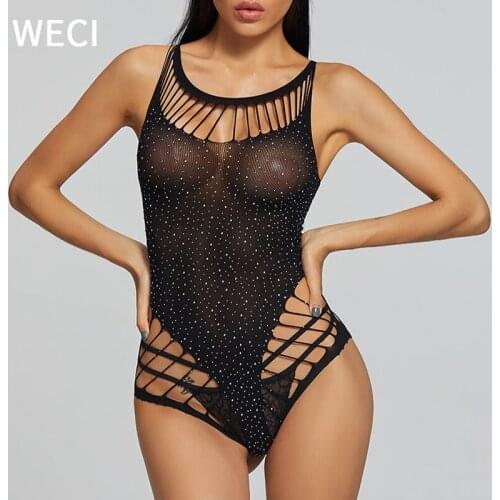 WECI Shiny Metallic Mesh Bodysuit With Rhinestone Transparent Latex Catsuit Underwear Women Sexy Lingerie Hot Porno Romance Club