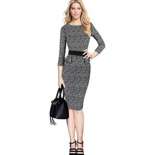 Black and white O collar back stripes waist lotus leaf elastic package hip Slim temperament knee pencil dress