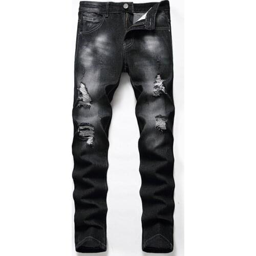 Mens Jeans Hip Hop Black Cool Ripped Stretch Slim Elastic Denim Pants Large Size For Male Casual Hole Jogging Jeans