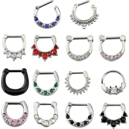 Classic Cubic Zircon Nose Rings Studs Septum Clicker Stainless Steel with Crystal Septum Ring Fashion Nose Piercing Jewelry