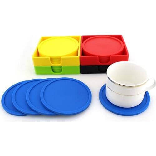 4pcs Silicone Round Cup Mat +1pcs Cup Holder Non-slip Insulation Heat Resistant Placemat Tray Spoon Pad Drink Cushion Tool