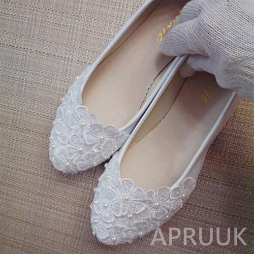 Lace flower flats shoes for woman handmade plus size 41 42 ladies woman bridal flat heel wedding shoes flower girls pearl shoe