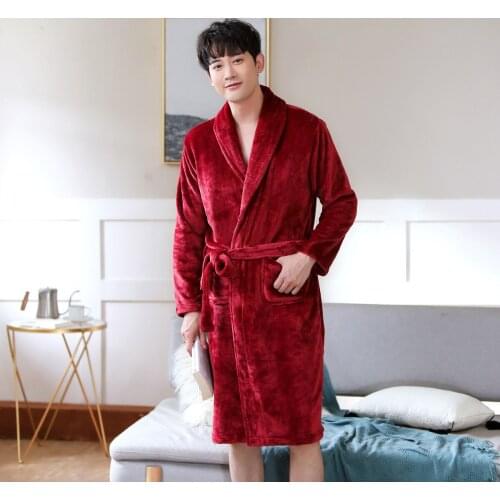 Men Flannel Winter and Autumn Wine Red Kimono Bathrobe Knee Length Long Sleeve Thicken Warm Bath Robe Dressing Gown Sleepwear