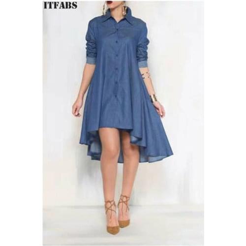 New Womens Blue Jeans Denim T-Shirt Long Sleeve Casual Loose Shirt Mini Dress Solid Blue Button Asymmertrical Dress