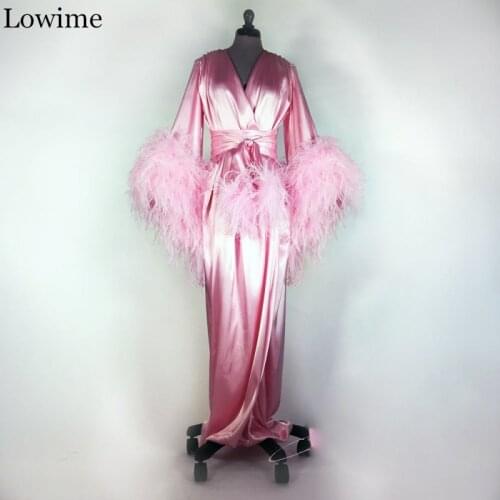 Wholesale Pregnant Pink Muslim Prom Dress Feathers Arabic Dance Party Robe Long Turkish Night Gown Vestidos De Fiesta De Noche