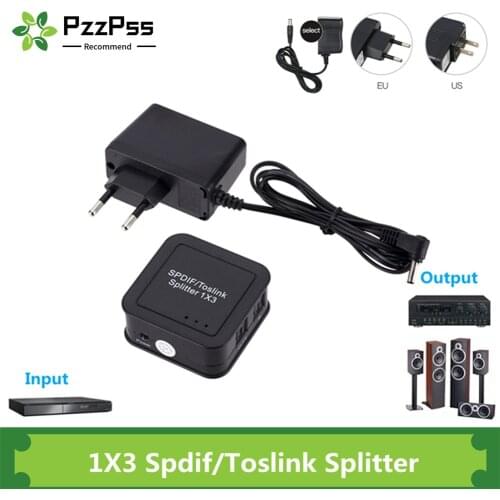 PzzPss 1x3 SPDIF TOSLINK Audio Splitter Fiber Divider Digital Optical 1 Input 3 Output Audio Splitter Adapter with US/EU Plug
