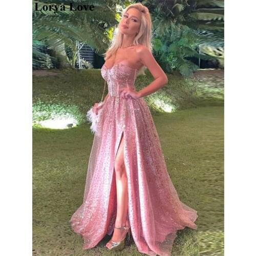 Pink Sequined Sexy Split Prom Dresses 2020 Champagne Long Evening Gowns For Women Formal Party Night Elegant Graduation Dress