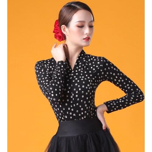 Latin Dance Tops Female Adult Sexy V-Neck Black Dot Long Sleeves Shirt For Women Ballroom Cha Cha Practice Dancing Tops DL5894