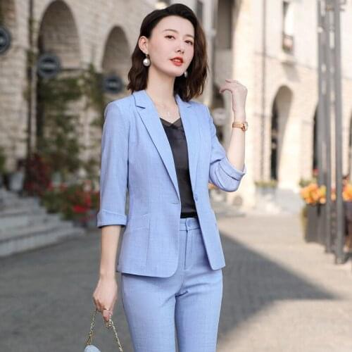 Spring Summer Formal Business Suits with Pants and Jackets Coat Half Sleeve Spring Summer Office Ladies Professional Blazers Set