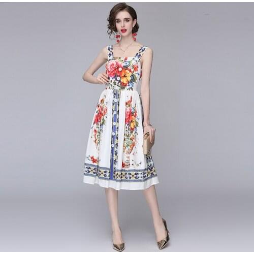 WTIANYUW NEW Fashion Designer Summer Midi Dress Women Elegant Spaghetti Strap Flower Print Casual Plus Size Boho Holiday Dress