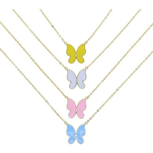 Candy Rainbow Colorful Butterfly With Single White CZ Fashion Trendy Girl Necklace Lovely