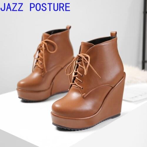 11cm super high heel lacing platform ankle boots ladies high heel wedge boots ladies autumn and winter shoes thickening w271