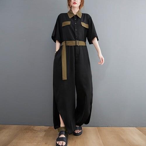 Bandage Contrast Color Jumpsuit Women High Waist Short Sleeve Fashion New Pocket Split Loose Casual Pants Jumpsuits Summer 2021