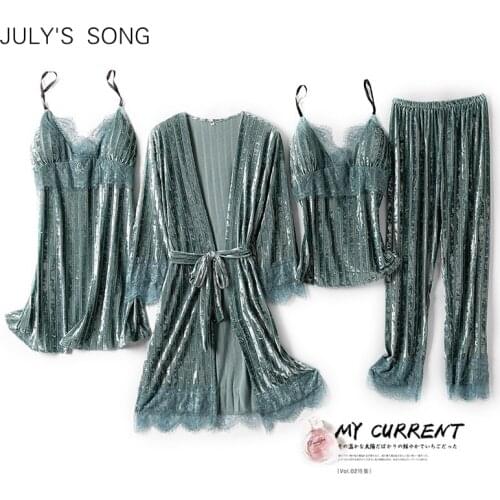 JULYS SONG Woman Velvet 4 Pieces Pajamas Set Fashion Autumn Winter Sleepwear Stripe Elegant Warm Sexy Lace Sling Pajamas Female