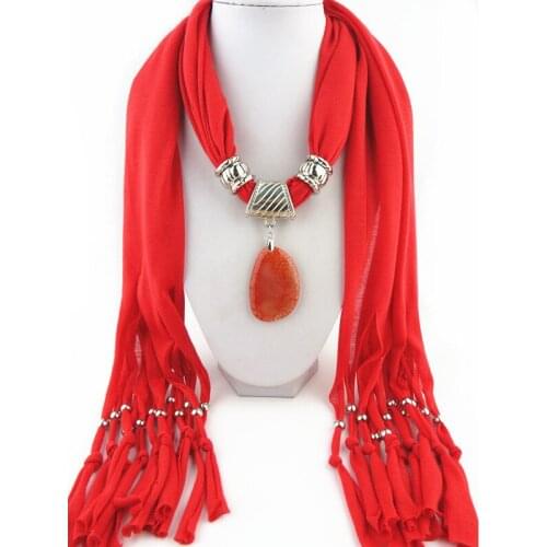 New Fashion Ethnic Polyester plain weave Tie dye Tassel Big Agate pendant Jewelry Scarf Necklace Women colour Scarves Designers