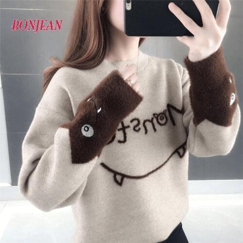 Women Loose Knitted Sweater Jumpers Long Sleeve O-neck Woman Pullovers Sweater 2020 Autumn Winter Smile Casual Sweater Chrismas