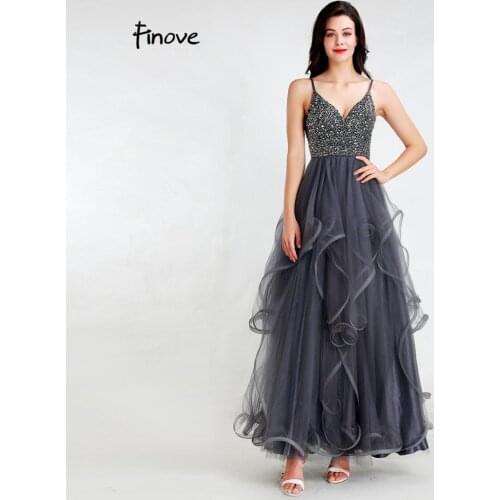 Finove New 2020 Prom Dresses Sexy Tulle Beading Crystal V-Neck Sleeveless Elegant A-Line Long Party Woman Dress