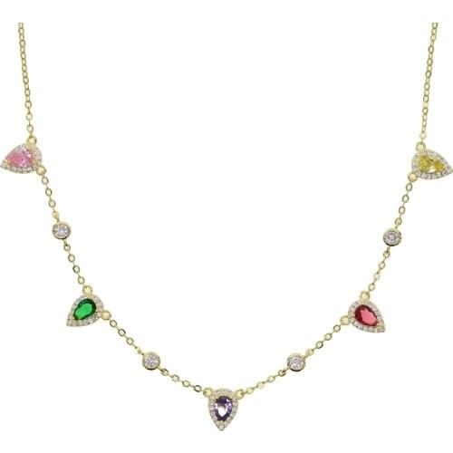 Rainbow tear drop cubic zirconia cz choker necklace gold cz station chain trendy women jewelry
