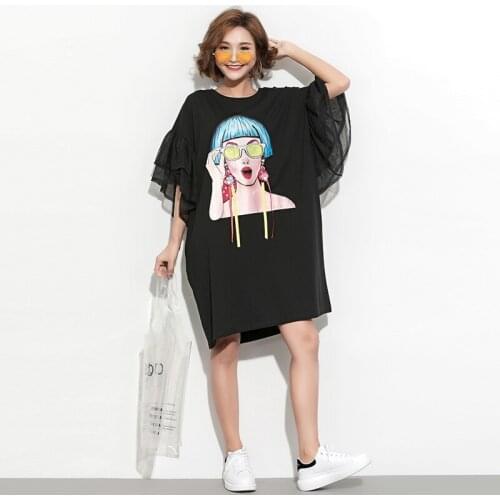 Plus size women cartoon print loose dress 2021 Summer new fashion short sleeve loose casual beading knee length dresses female