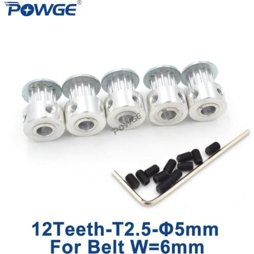 POWGE 5pcs 12 Teeth T2.5 Timing Pulley Bore 5mm Aluminum for width 6mm Trapezoid T2.5 Synchronous Belt T2.5 Pulley 12T 12Teeth