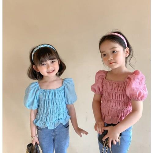 2021 Summer New Korean Style Baby Girls Chiffon Blouses Puff Sleeve Ruched Tops Toddlers Kids Princess Shirts Children Clothes