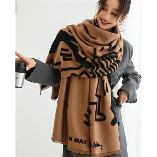 2021 Design Cartoon Printed Cashmere Scarf Women Winter Pashmina Shawls and Wraps Thick Warm Bufanda Stoles Blanket