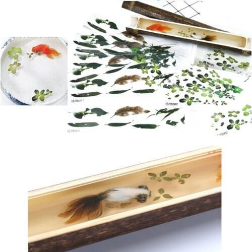 5/10Pc 3D Green Leaf Real Goldfish Clear Water Grass Film Sticker For Resin Goldfish DIY Painting Jewelry Accessories