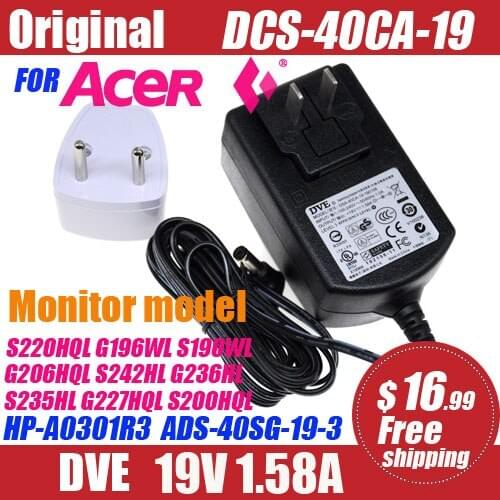 19V 1.58A FOR ACER LCD monitor AC adapter Power supply S220HQL G196WL S190WL G206HQL S242HL G236HL S235HL G227HQL S200HQL
