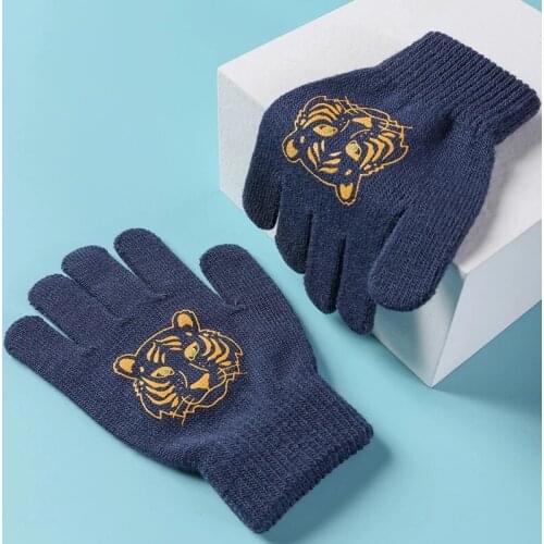 Korean 5-10 Year Old Children Gloves Winter Warm Knit Cartoon Animal Cat Tiger Print Boy Girl Student Full Finger Mittens I91