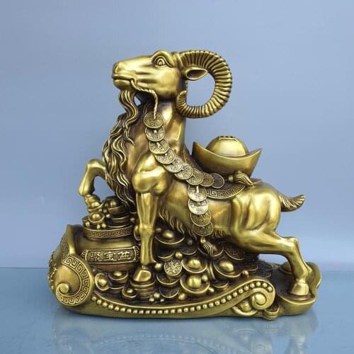 Home Decor 15" Chinese Seikos Bronze Zodiac Sheep Statue Jucai Sheep tread Ingot cornucopia Lucky fortune Get promoted