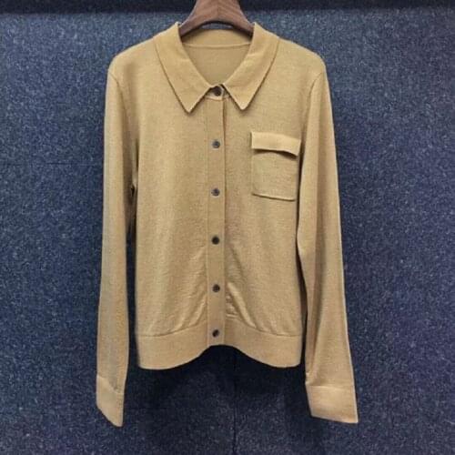 100%Wool Knitted Cardigans 2021 Autumn Fashion White Green Khaki Black Sweaters Women Turn-down Collar Chest Pocket Tops Coat